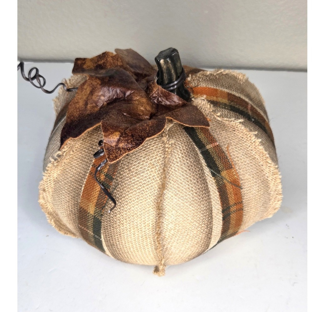 Primitive Rustic Burlap and Plaid Fabric Pumpkin Fall Farmhouse Decor Boho